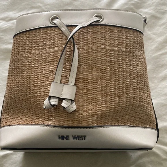 Nine West White Straw-Trim Bucket Bag with Braided Strap - Picture 2 of 12